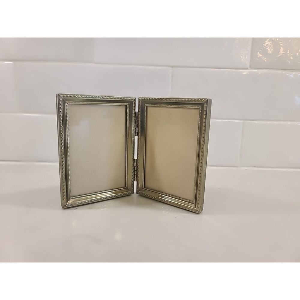 vintage gold tone metal 50s double free standing picture frame 3.5 X 2.5